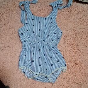 Blue & White Striped Star Romper with Tassel Trim
